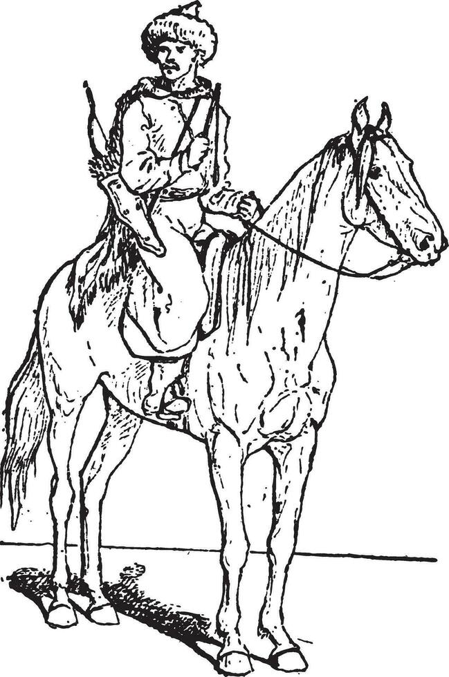 calmuco o kalmuko arquero en caballo, Clásico grabado. vector