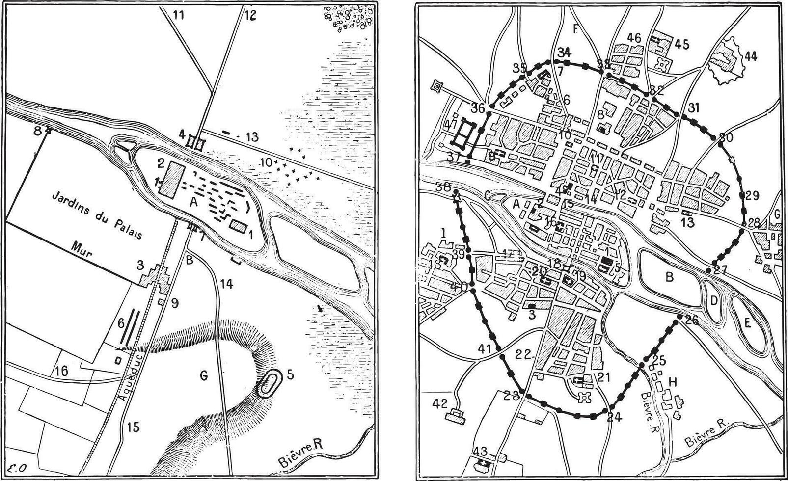 mapa de París galo-romano, Clásico grabado. vector
