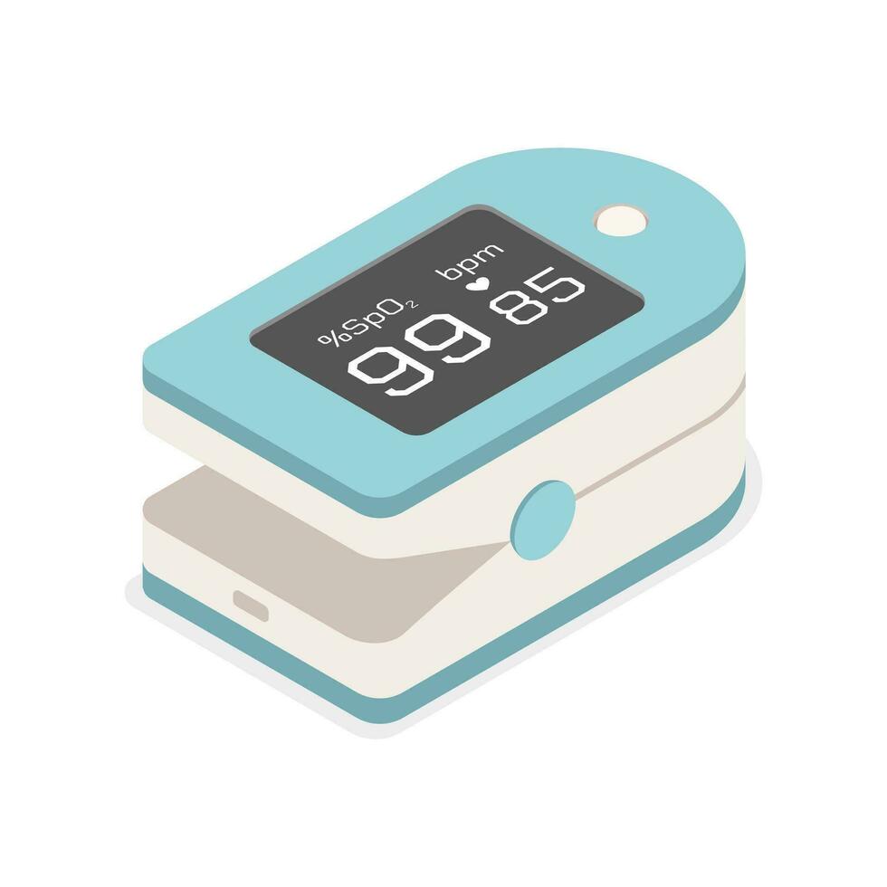 A portable home use medical equipment. Pulse oximeter measuring oxygen saturation in blood and heart rate. Isometric vector design.