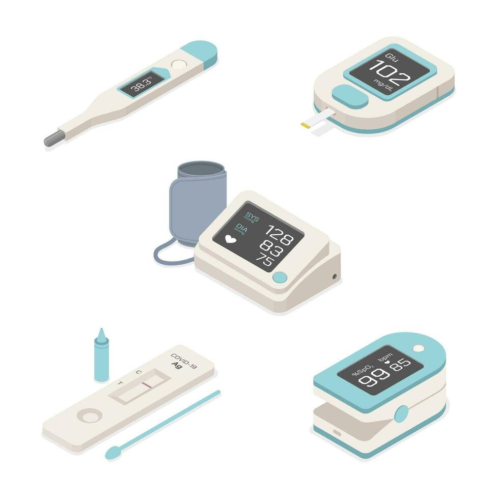 A set of portable home use medical equipment. Digital sphygmomanometer, glucometer, thermometer, Covid ATK test kit, Pulse oximeter. Isometric vector design. Isolated object on white background.