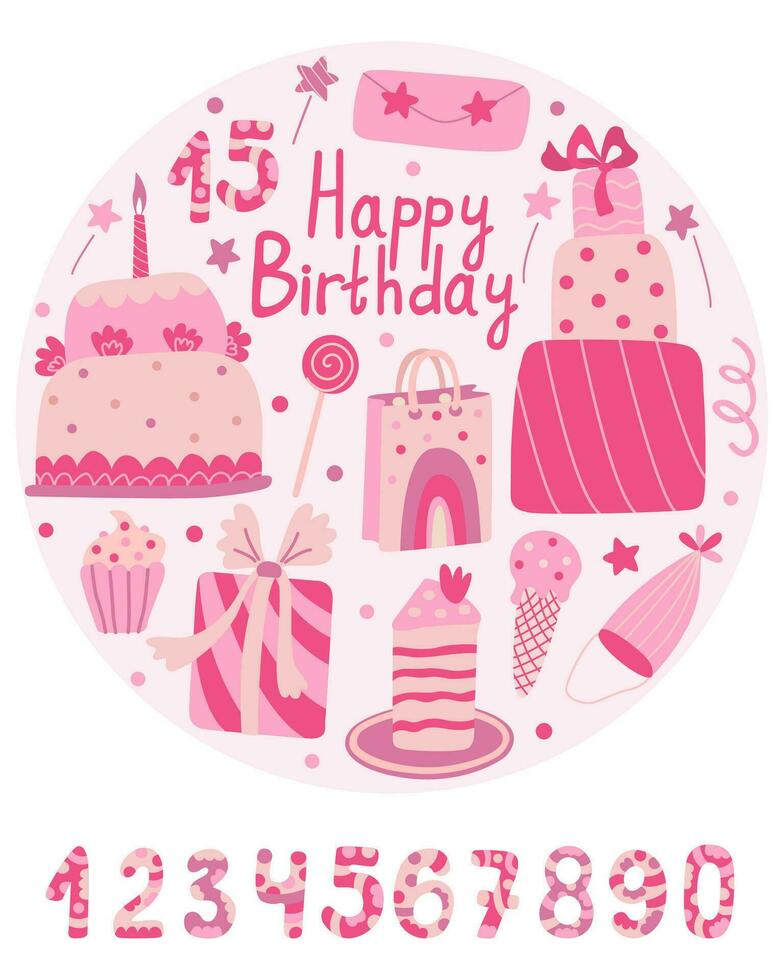 Greeting card Happy Birthday lettering. Cakes, party hats, gift boxes. Hand drawn flat vector illustration. Template with numbers from 0 to 9 for composing the date of birth