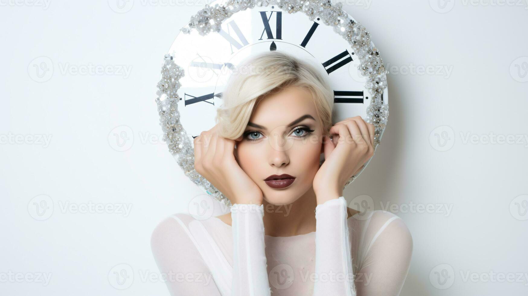 AI generated Model holding clock, for new years or showing that its time for change. photo