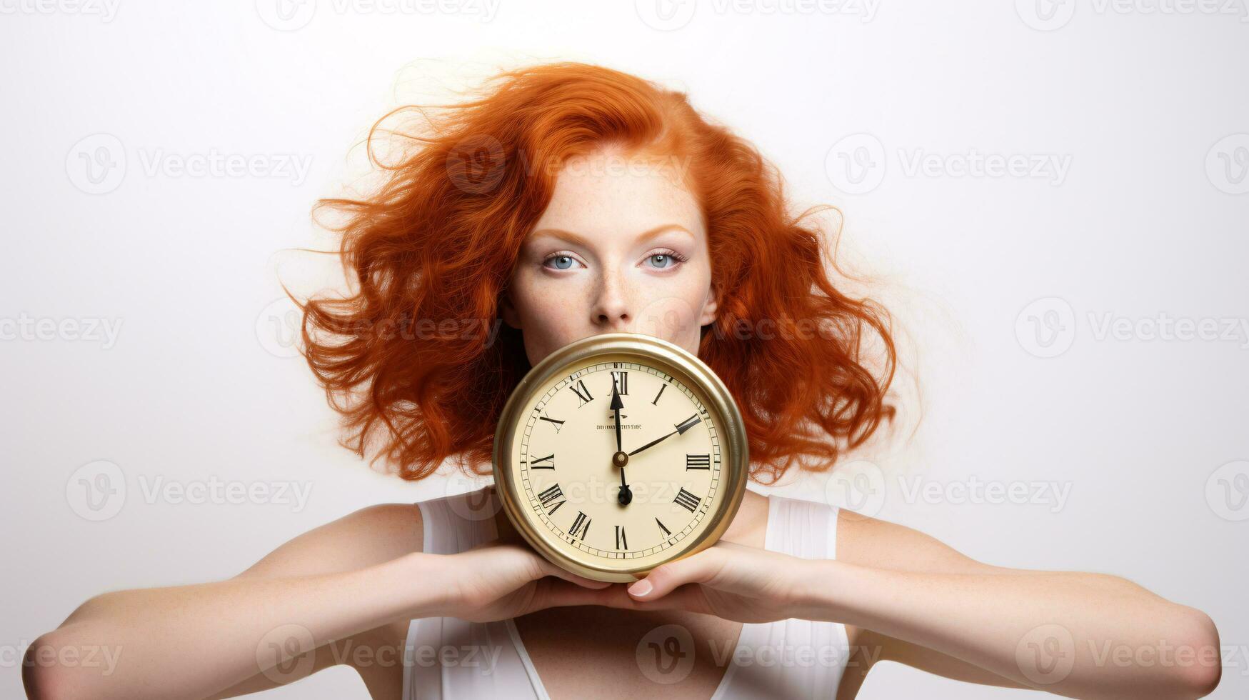 AI generated Model holding clock, for new years or showing that its time for change. photo