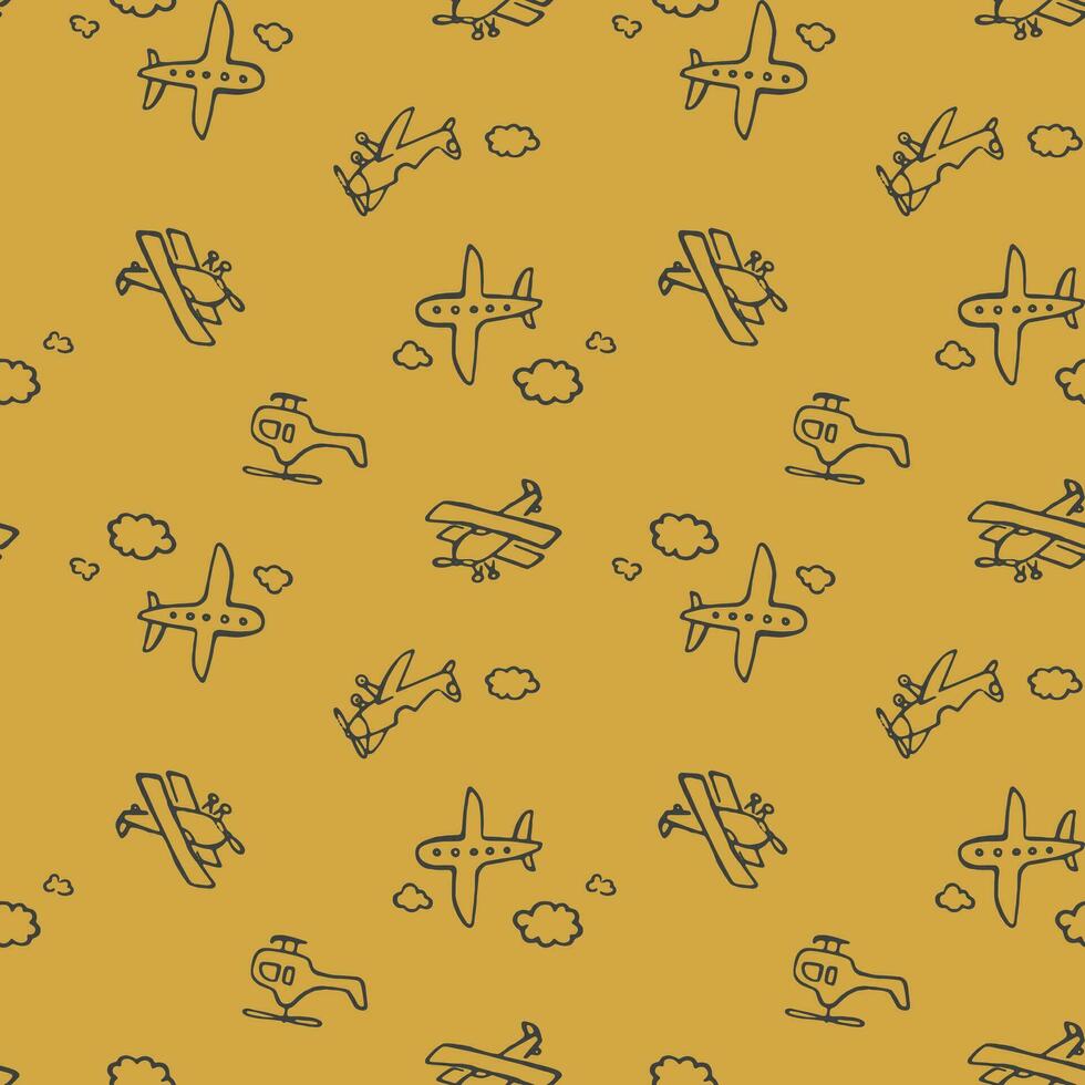 seamless pattern with planes and a plane on a brown background vector