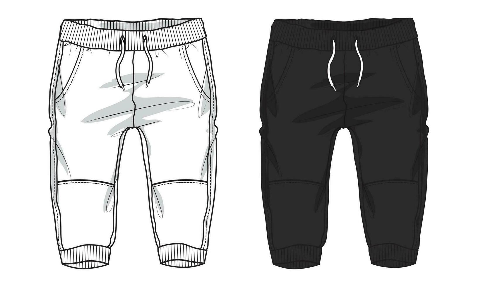 Sweatpants technical drawing  fashion flat sketch vector illustration black and white color  template for kids