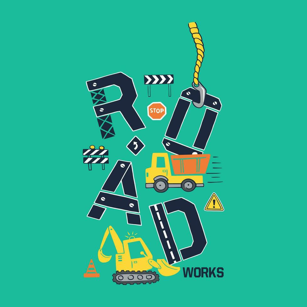 A green background with the words road works written in blue. vector