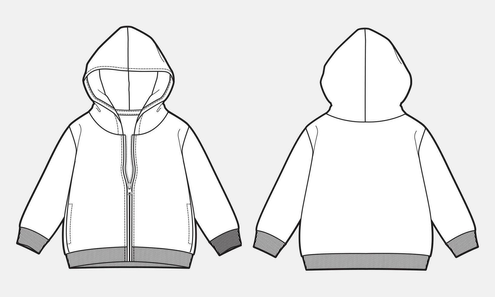Hoodie technical drawing fashion flat sketch vector illustration template front and back views