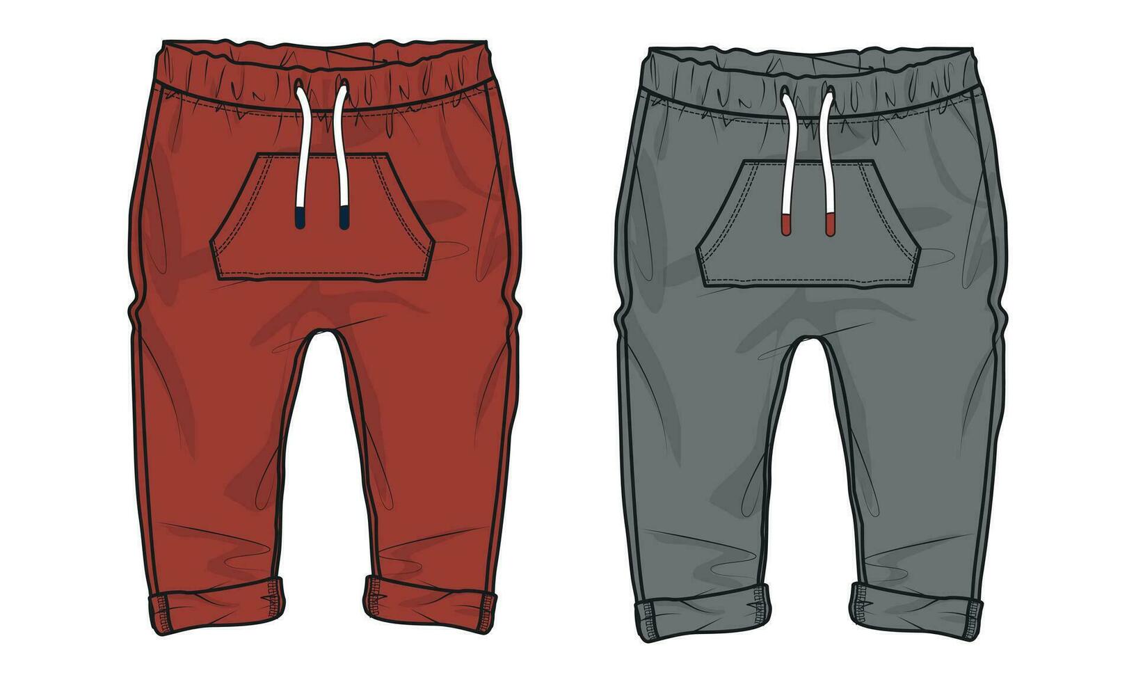 Sweatpants technical drawing  fashion flat sketch vector illustration Red and grey color template for kids