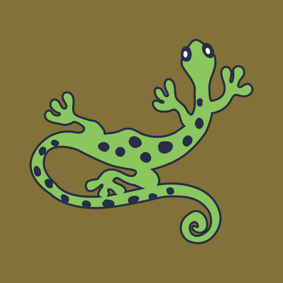A green and blue gecko with a black outline sits on a brown background. vector