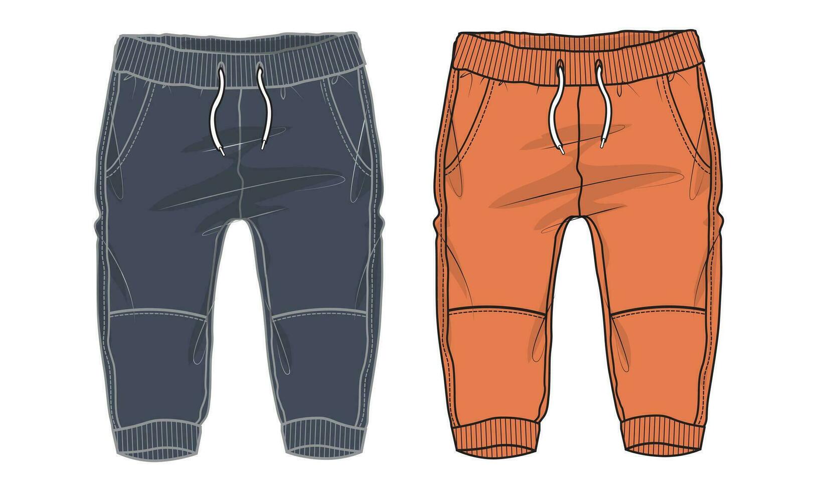 Sweatpants technical drawing  fashion flat sketch vector illustration Navy and orange color template for kids