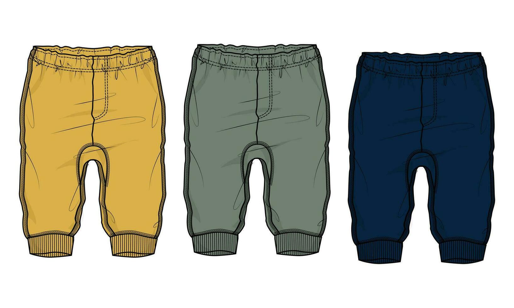 Sweatpants technical drawing  fashion flat sketch vector illustration navy, green, yellow color template for kids