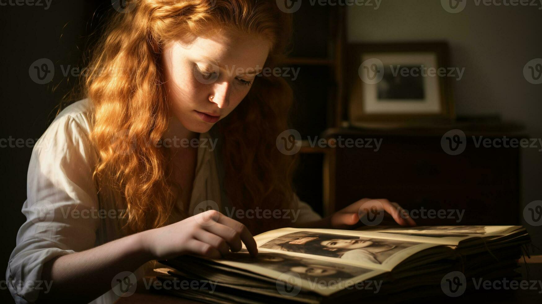 AI generated Looking back, female model looking at photos in photo album, collages of the past