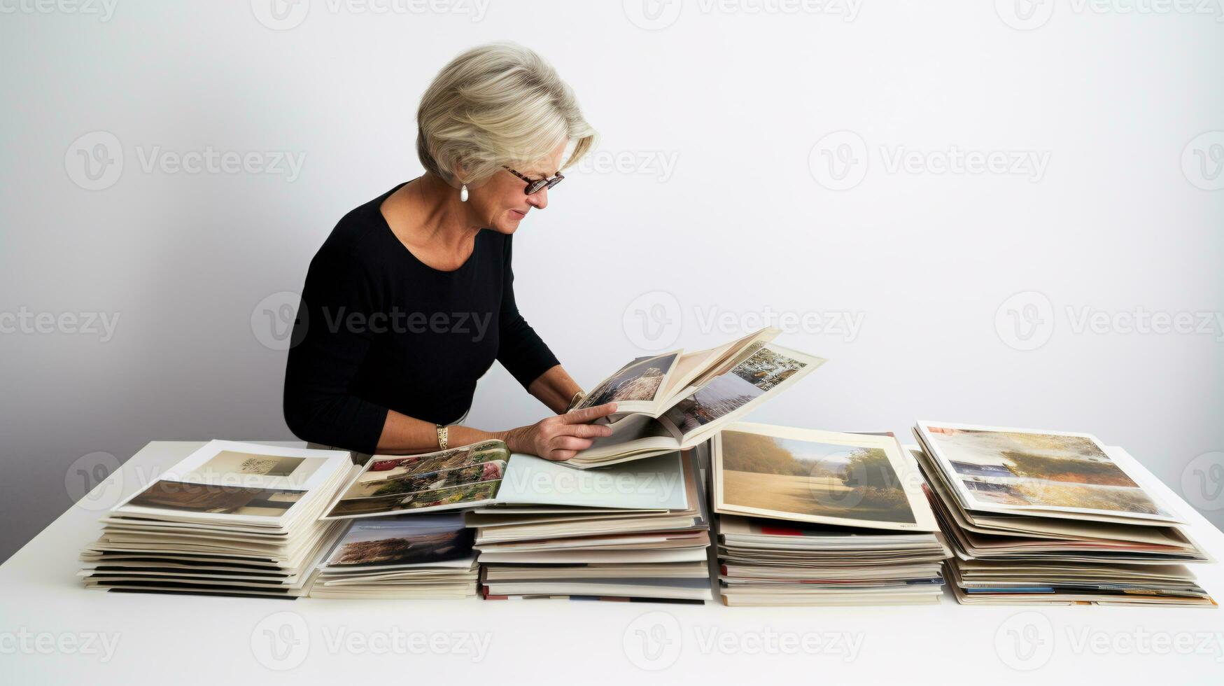 AI generated Looking back, female model looking at photos in photo album, collages of the past
