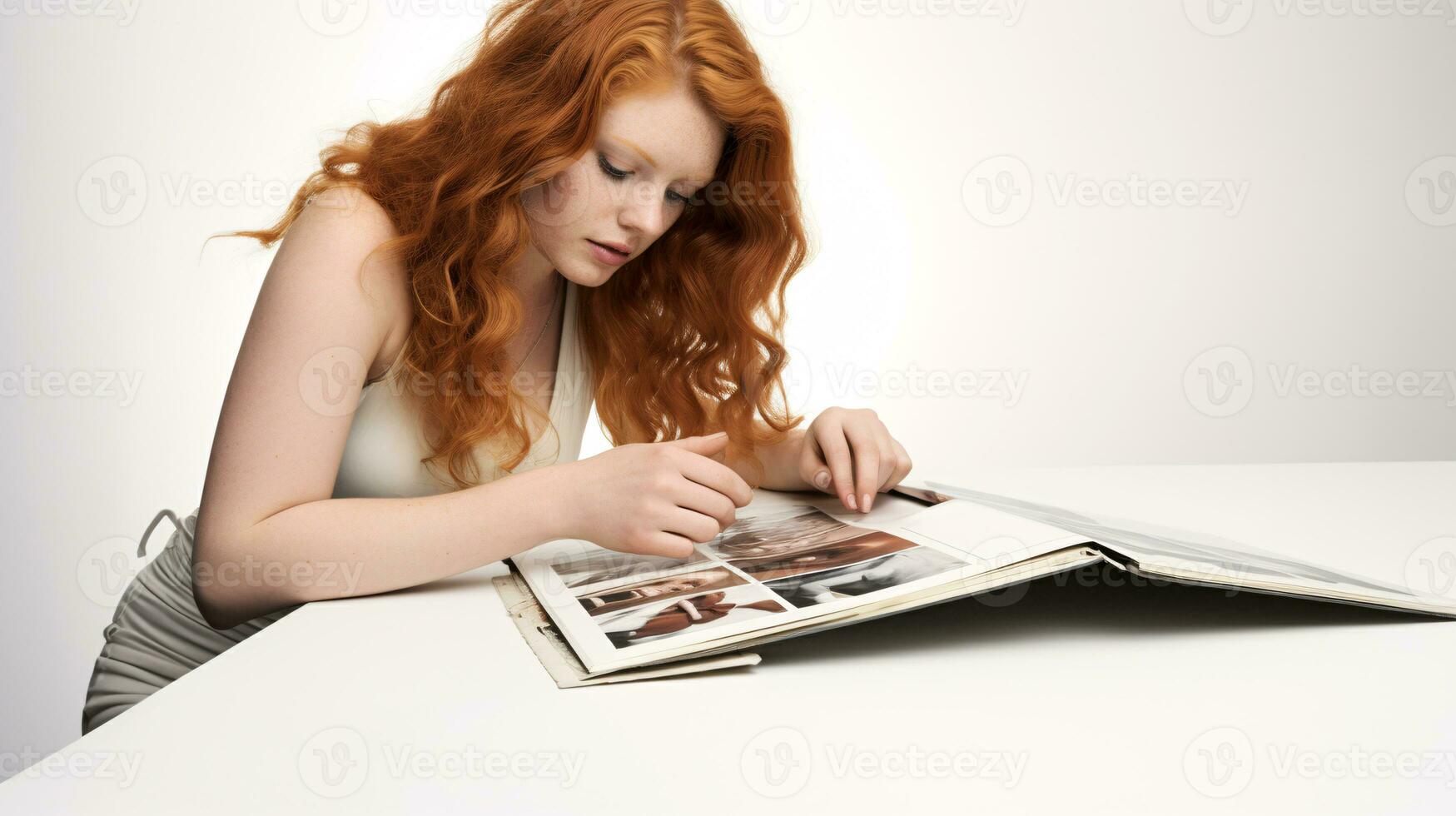 AI generated Looking back, female model looking at photos in photo album, collages of the past