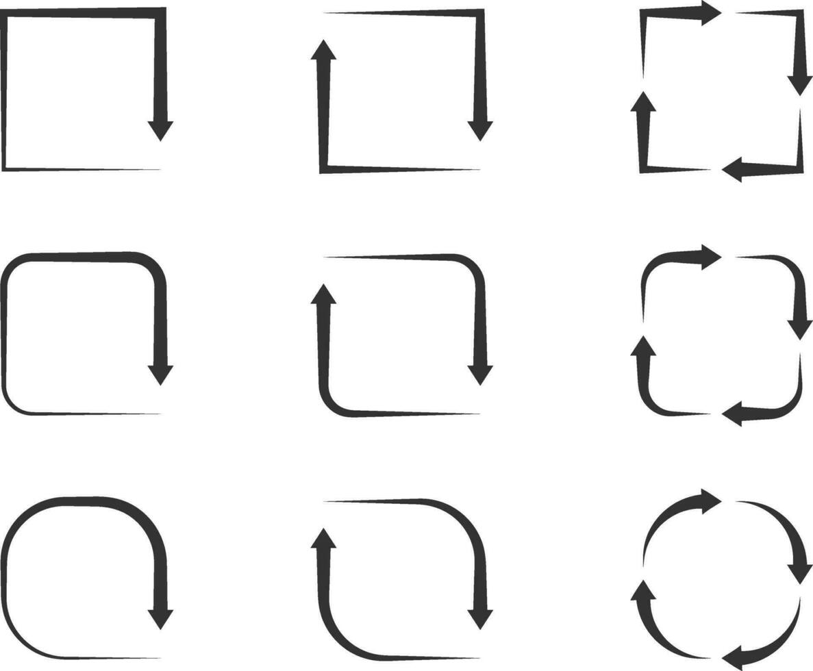 Collection arrows vector background black and white symbols. Different arrow icon set circle, up, curly, straight and twisted. Design elements.