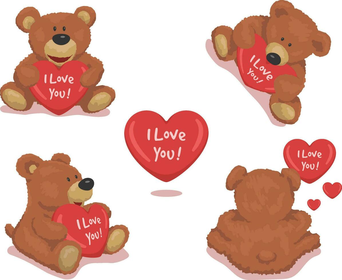 Cute Plush Teddy Bear with heart. Set love vector illustration