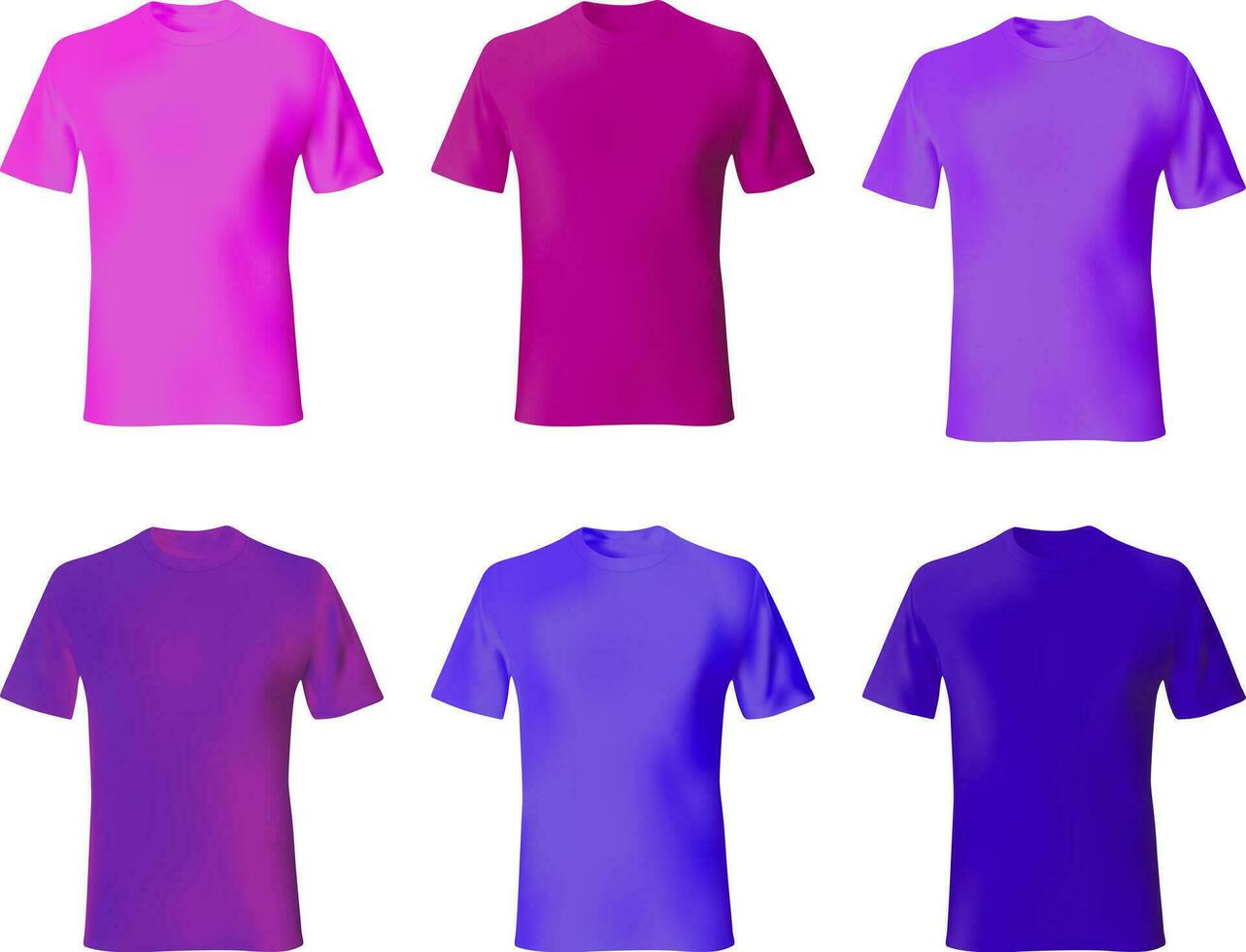 T shirt design template. Set men shirts blue, purple, pink color. Realistic mock up tshirt model male fashion. vector