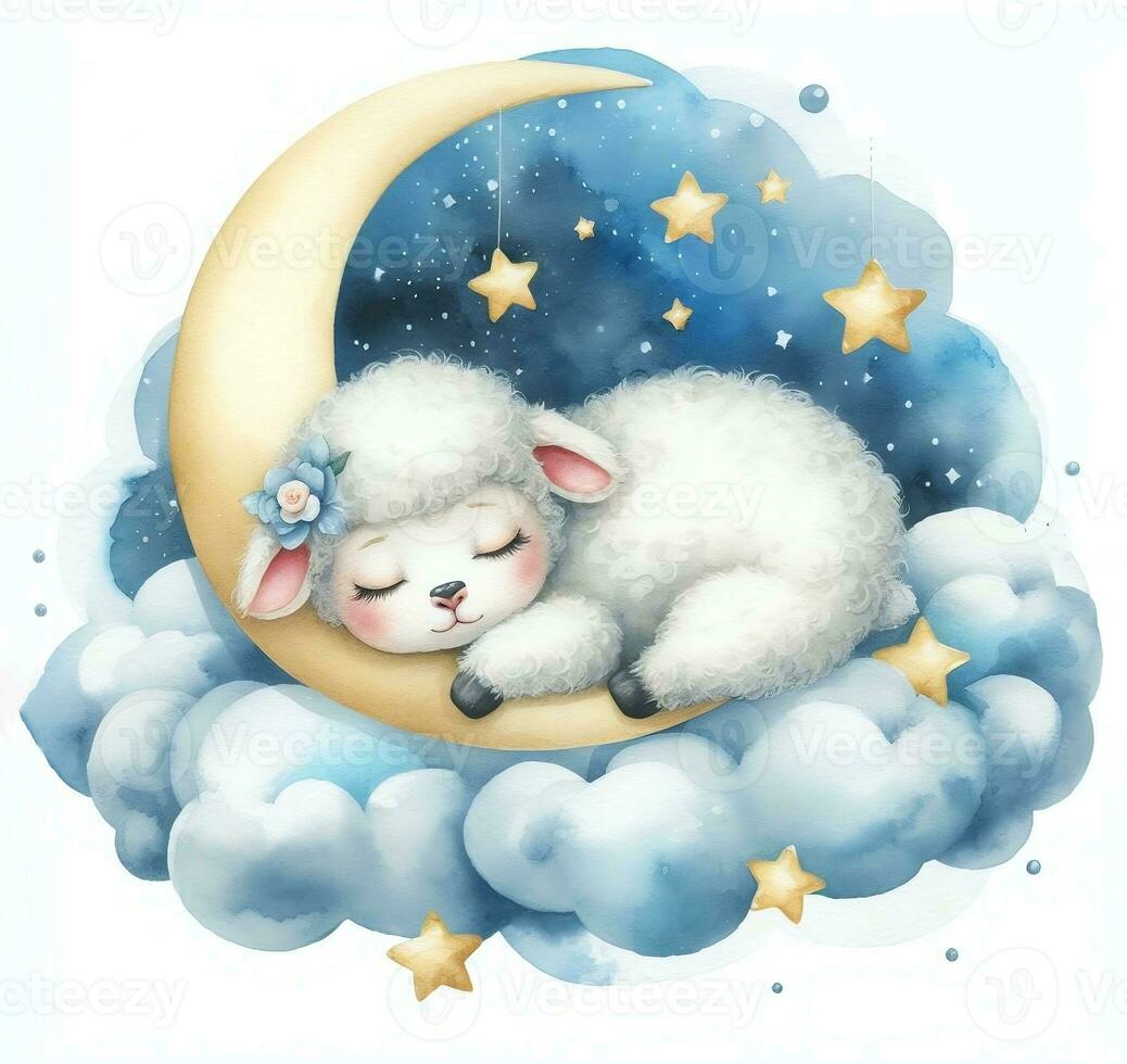 AI generated Cute sleeping sheep on cloud with moon. Children character animal in scandinavian style digital watercolor photo