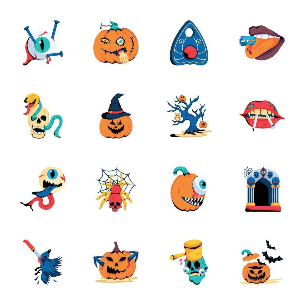 Halloween Treats and Spookiness Flat Icons vector