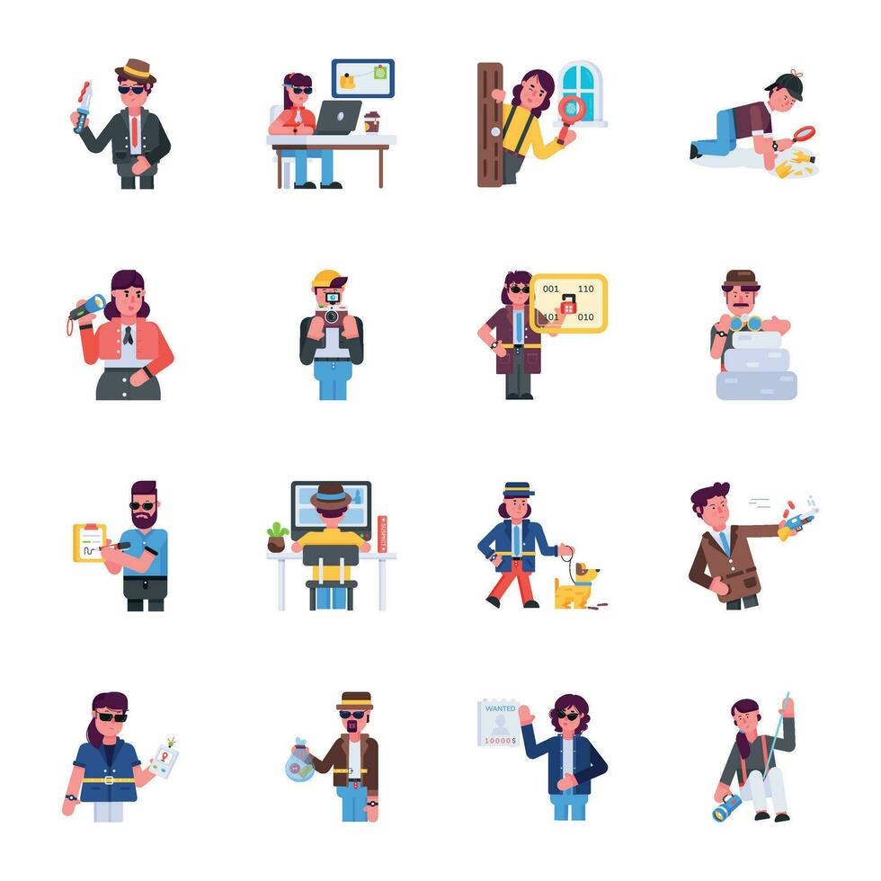 Pack of Private Investigators Flat Characters vector