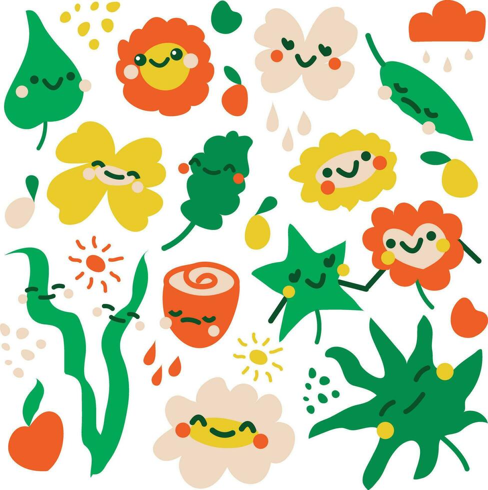 A collection of emotional flowers and leaves. Plant characters. Doodle style vector