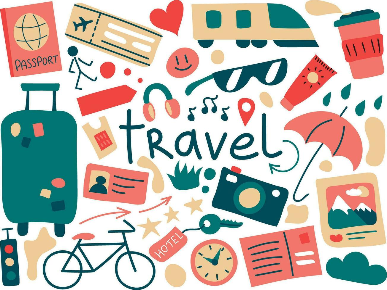 A set of objects on the theme of travel and vacation with the inscription travel. Tourism, transport, weather, items vector