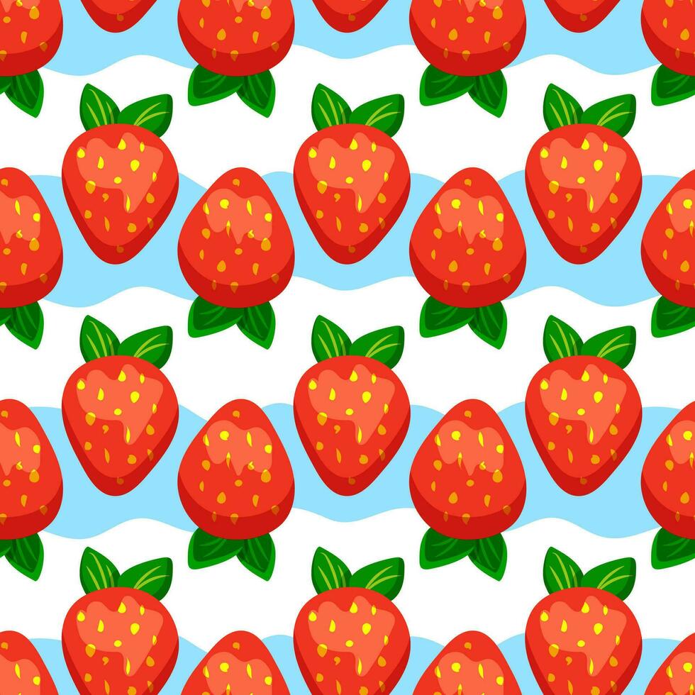 sin costura modelo con fresas en un antecedentes de azul rayas. modelo para yogur, producto vector