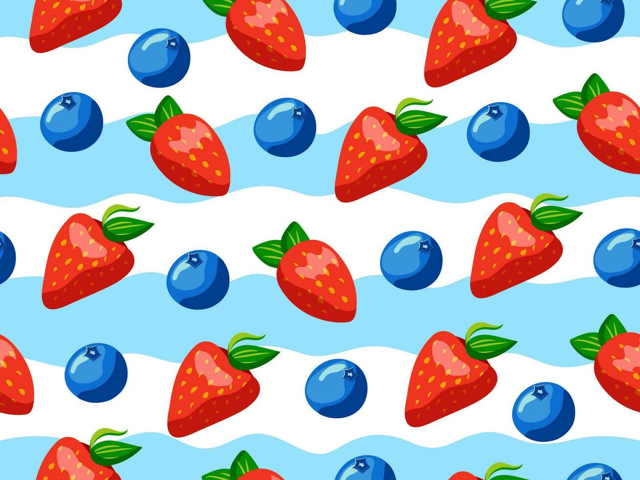 Seamless pattern with berries on a background of blue stripes. Strawberries and blueberries. Pattern for yogurt vector