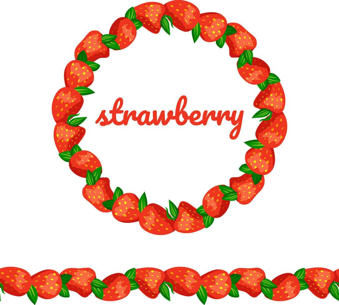 Seamless brush and wreath with bright red strawberries. Strawberry Text vector