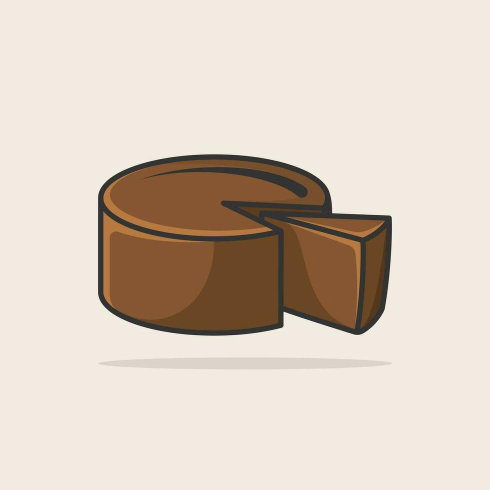 Cartoon round Maasdam chocolate cake. Chocolate cake isolated on white background. Chocolate cake with piece triangle cut. vector