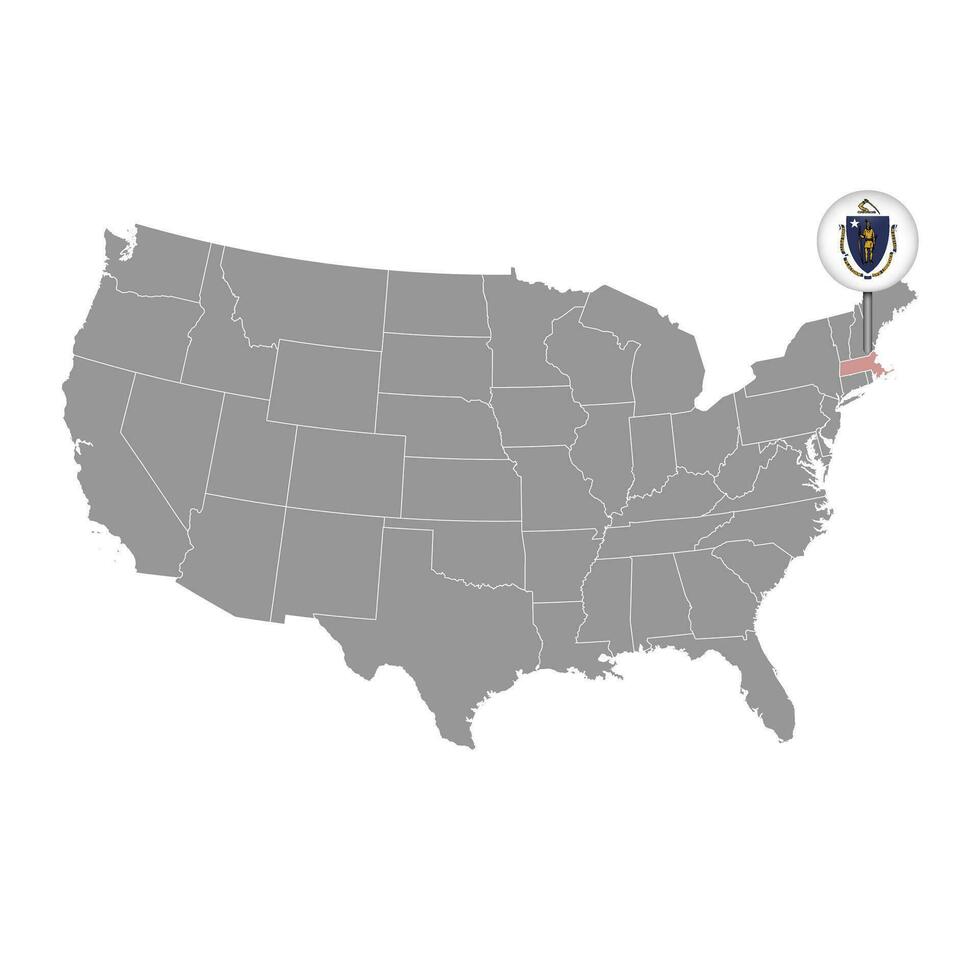 Map pointer with flag of Massachusetts. Vector illustration.