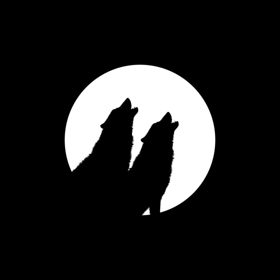 Silhouette of the Wolf Howled on the Full Moon Circle Shape, Moonlight, for Logo Type, Art Illustration, Pictogram or Graphic Design Element. Vector Illustration