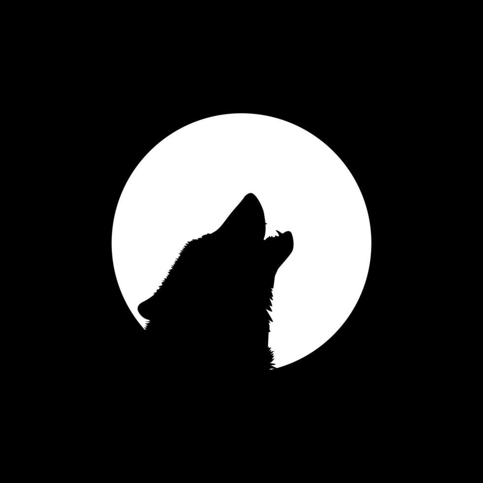 Silhouette of the Wolf Howled on the Full Moon Circle Shape, Moonlight, for Logo Type, Art Illustration, Pictogram or Graphic Design Element. Vector Illustration