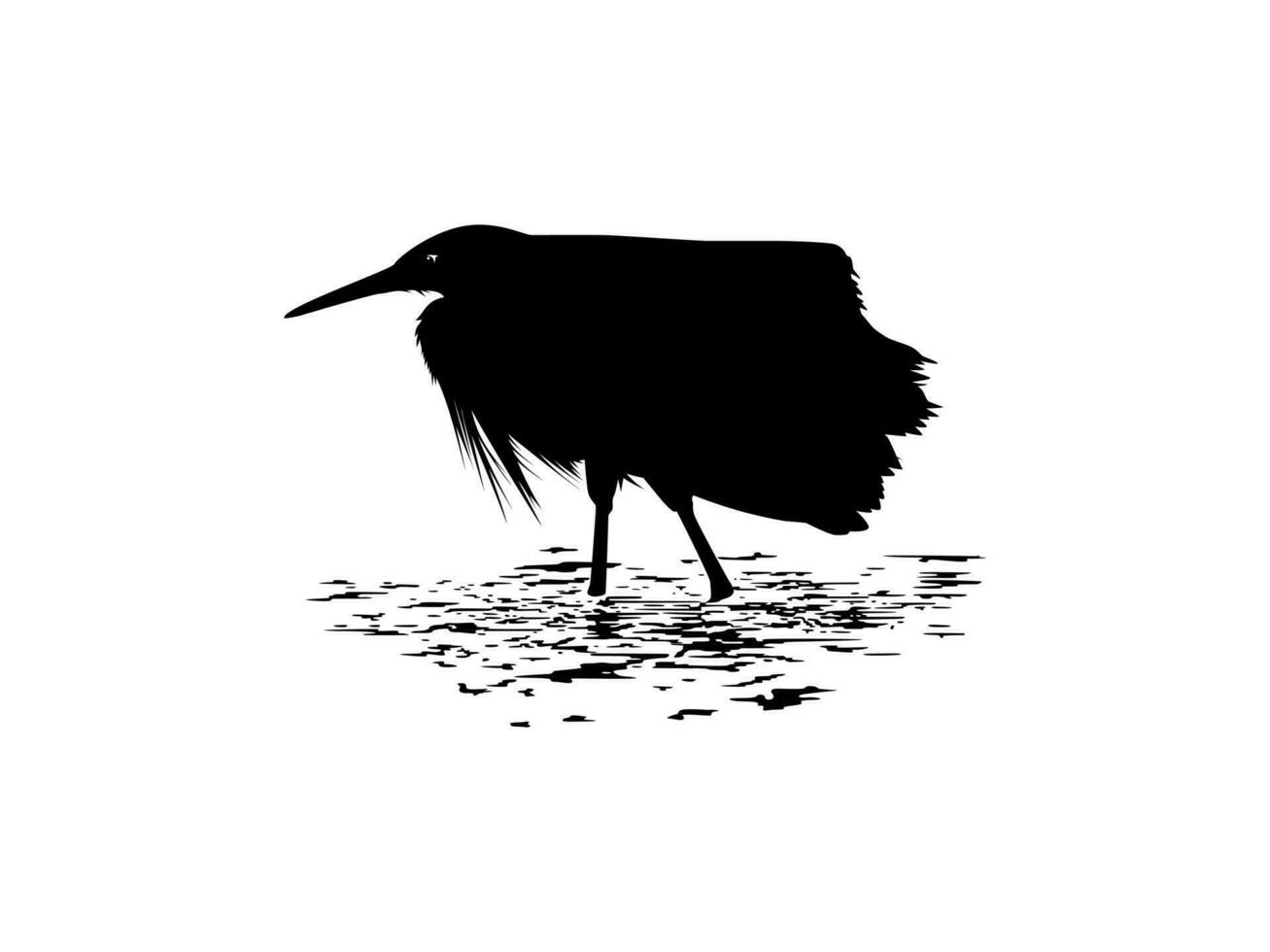 The Black Heron Bird, Egretta Ardesiaca, on the water, also known as the Black Egret Silhouette for Art Illustration, Logo, Pictogram, Website, or Graphic Design Element. Vector Illustration