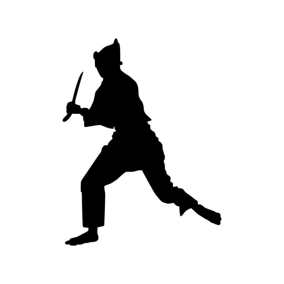 silueta de pencak silat' atleta en acción utilizar machete como un arma, pencak silat es marcial Arte desde Indonesia. vector ilustración