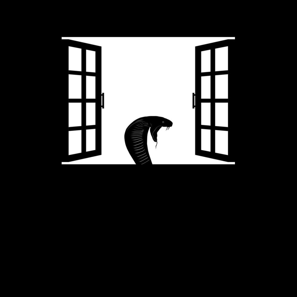 Head of the King Cobra Snake on the Windows Silhouette. Creepy, Horror, Scary, Mystery, or Crime Illustration. Art Illustration for Horror Movie or Halloween Poster Design Element vector