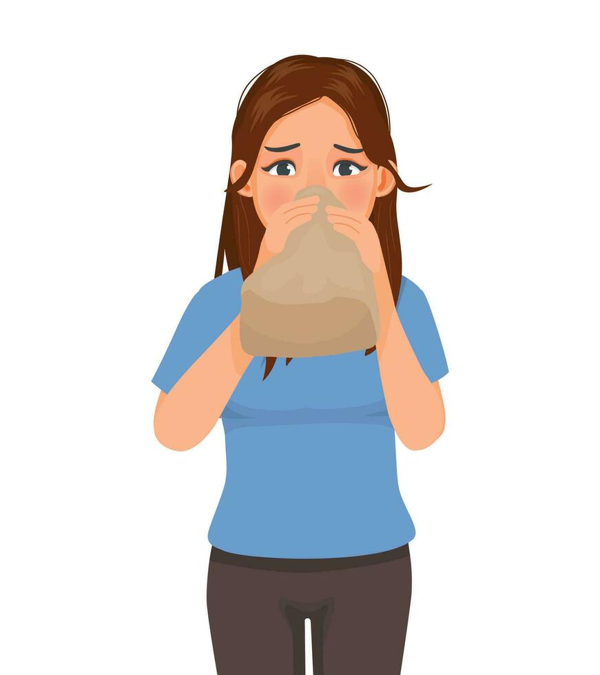 Young woman having panic attack breathing into paper bag vector