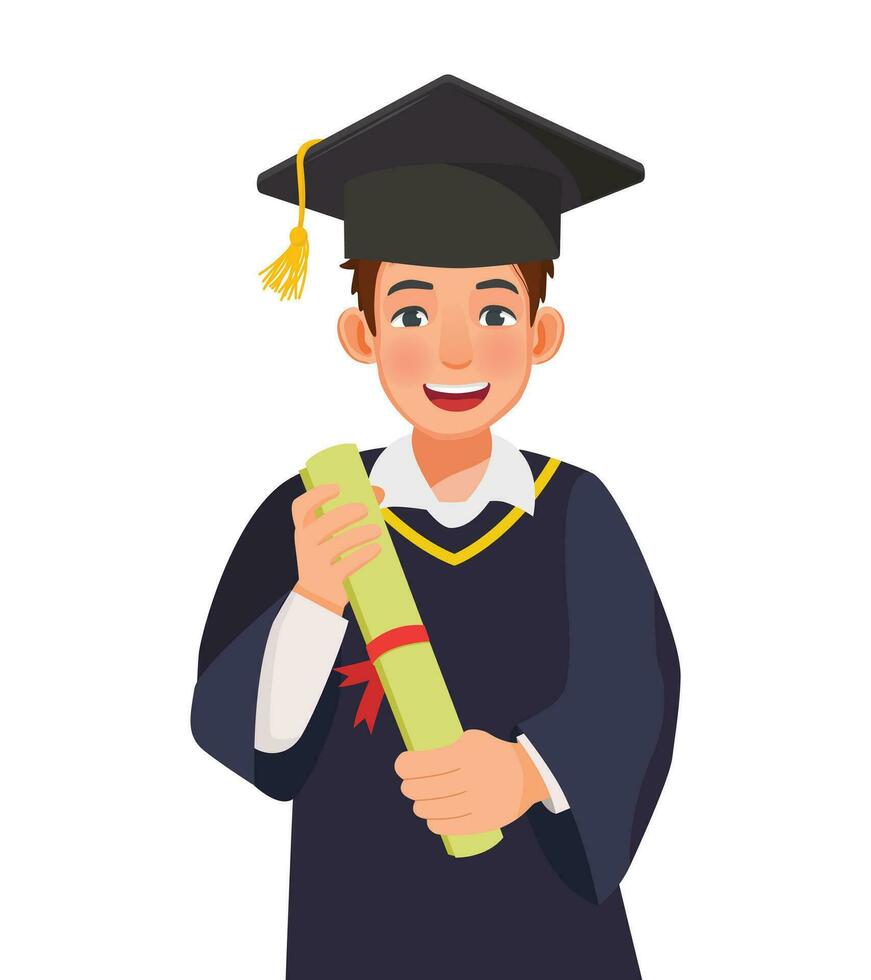 Happy young graduate man in graduation gown and hat holding diploma and certificate vector