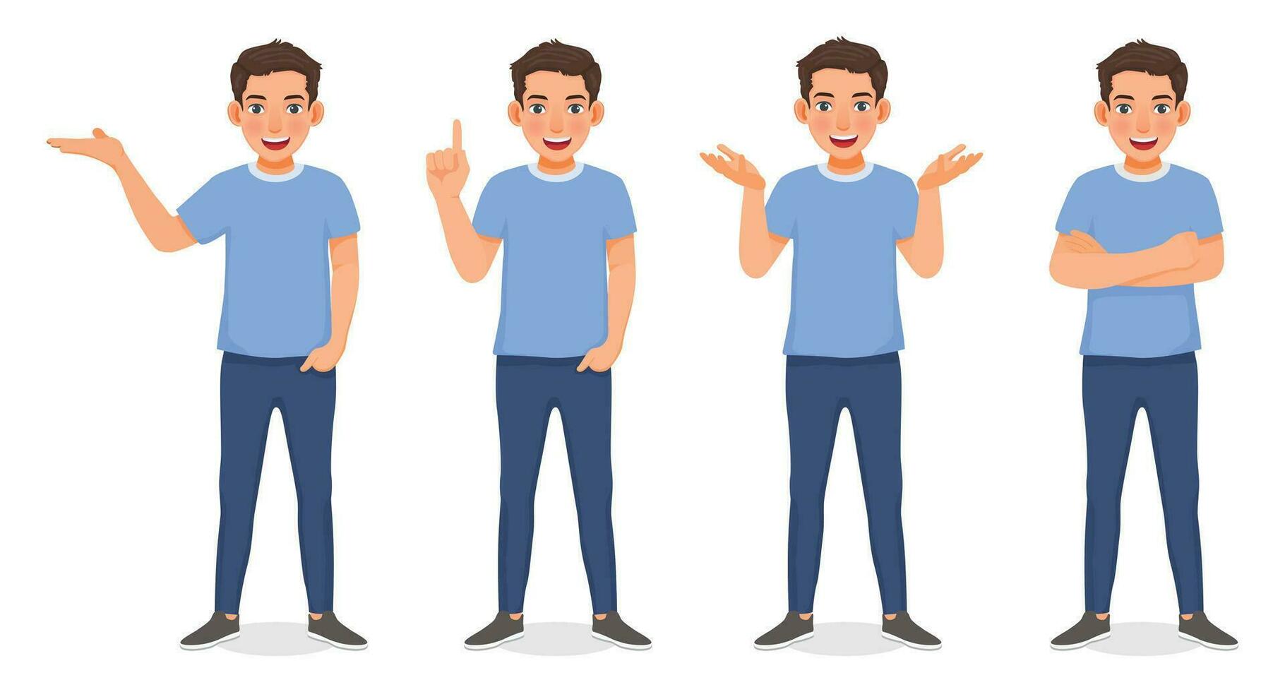 Set of young man showing different posing gestures and hand signs expressions vector