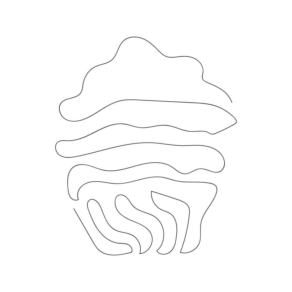 Continuous one line drawing of cupcake. Simple line art of muffin with wavy frosting. Black and white vector illustration in one line style. Design element for postcard, print, banner, poster textile.