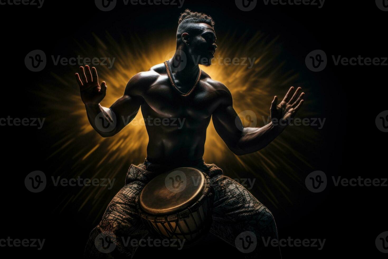 AI generated African drummer in traditional clothing playing djembe drum and dancing against a dark background. The man beats out a groovy rhythm. A brilliant performance by a musician. photo