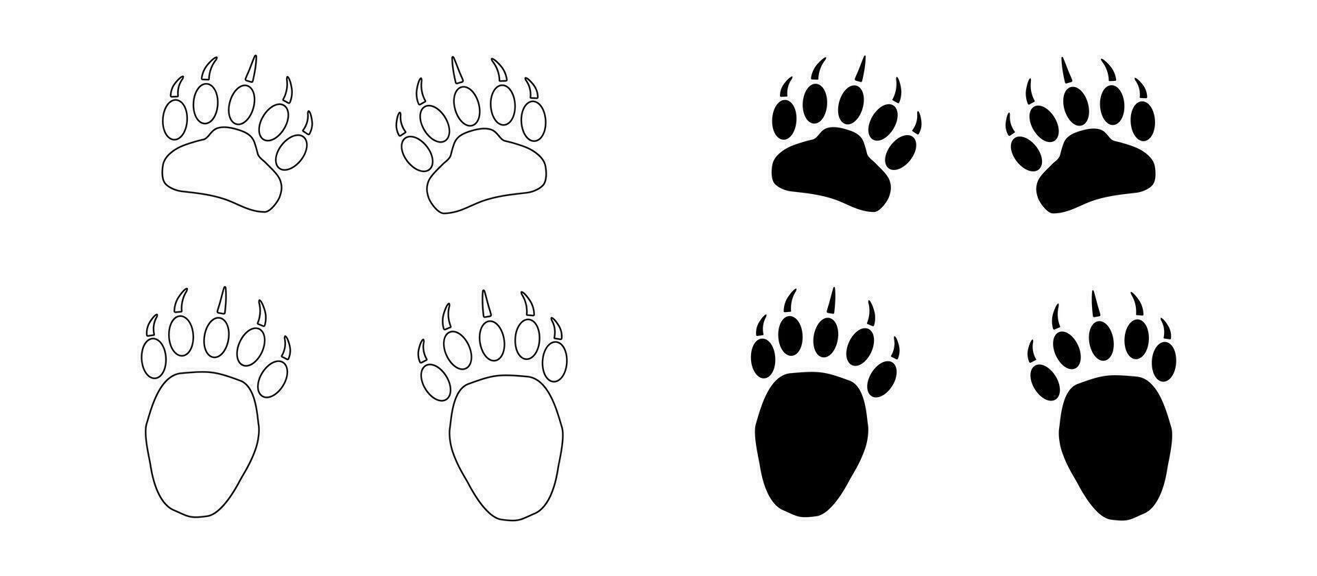 Bear or panda paw footprints with claws. Silhouette and Contour. Black vector illustration isolated on white background. Grizzly wild animal paw print icon and symbol. Print, textile, pet store