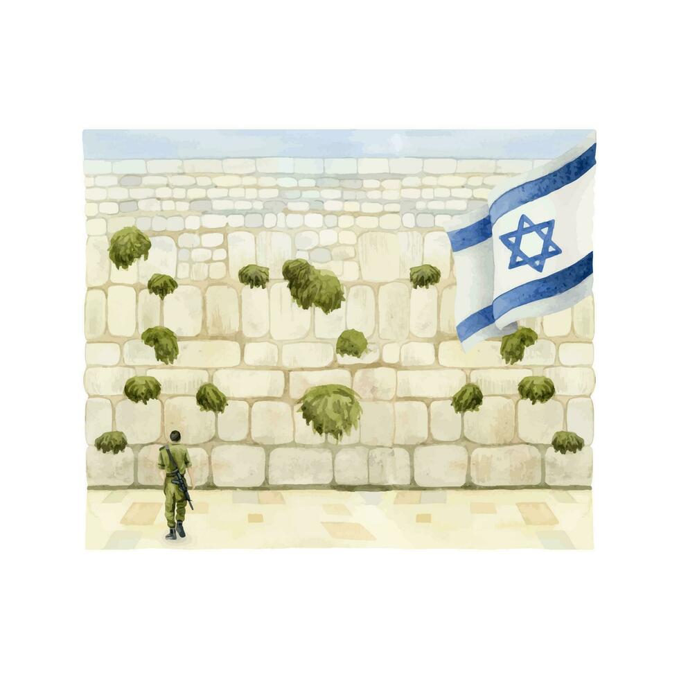 Western Wall with Israel soldier and flag sight in old city of Jerusalem watercolor illustration. The Kotel for prayers on Yom HaZikaron and Memorial Days vector