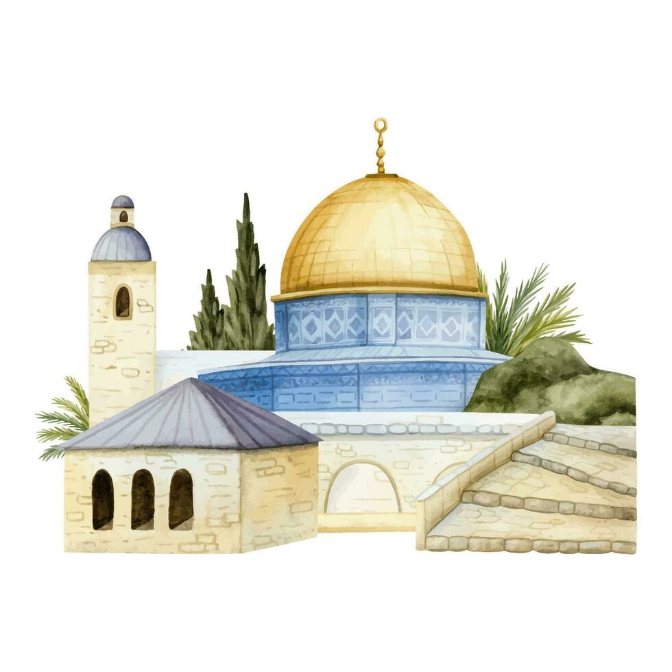 Old town of Jerusalem cityscape with Dome of the Rock with trees watercolor vector illustration. Temple Mount in Israel