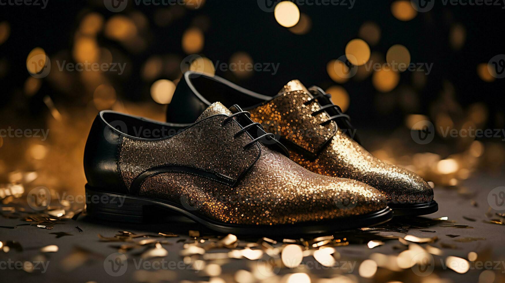 ai generado nuevo años masculino dorado espumoso zapato rodeado por Brillantina foto