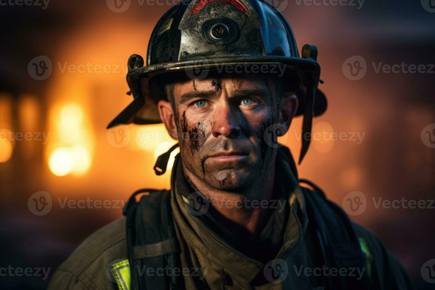 AI Generated Portrait of a firefighter with blood on his face. Burning fire at the background. AI Generated photo