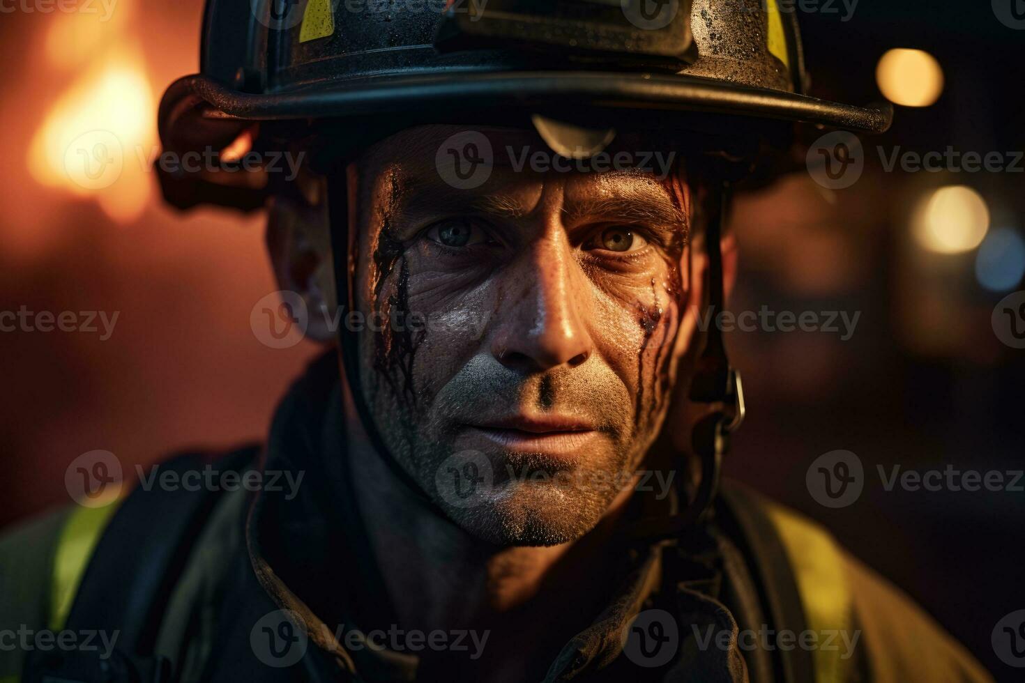 AI Generated Firefighter wearing a helmet. Blood on his face. Portrait. Generative AI photo