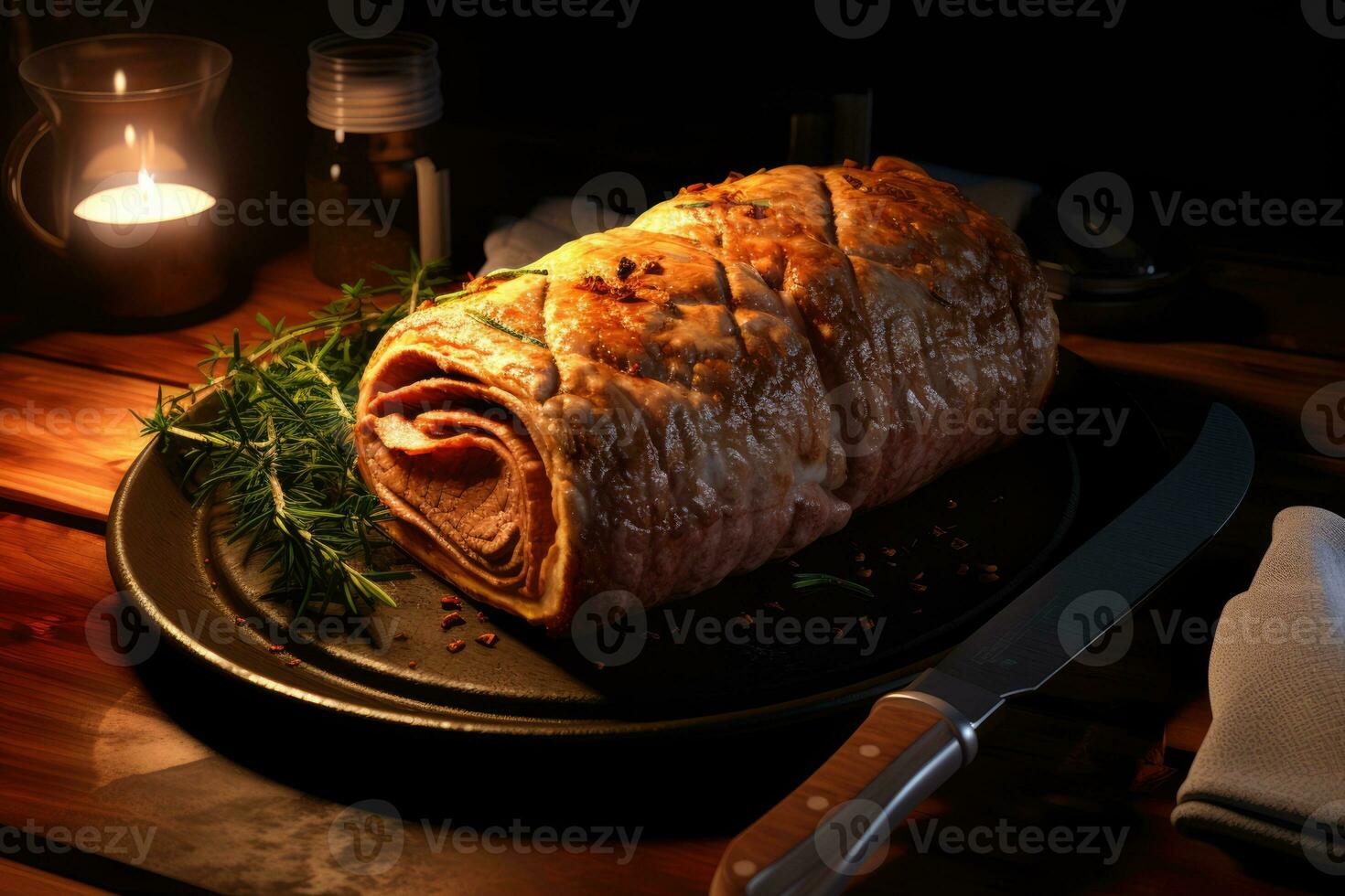 AI Generated Beef wellington, classic steak dish on wooden table. Cutting knife and candle. AI Generated photo