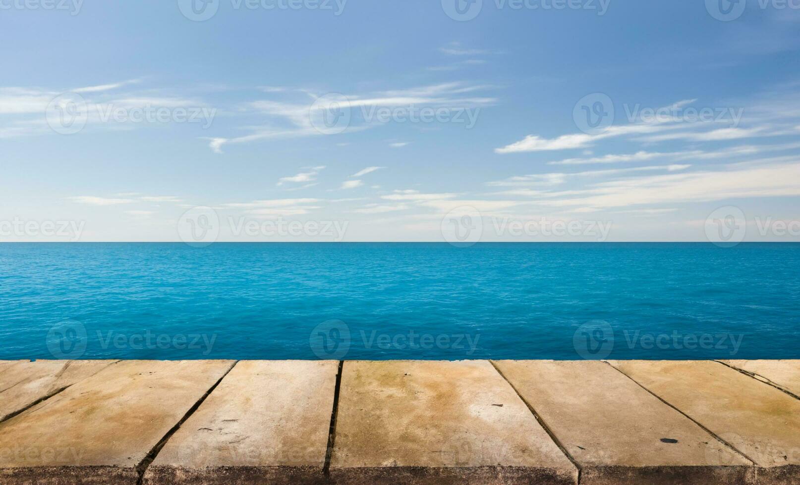 AI generated a stone bench sitting on top of a wall overlooking the ocean photo