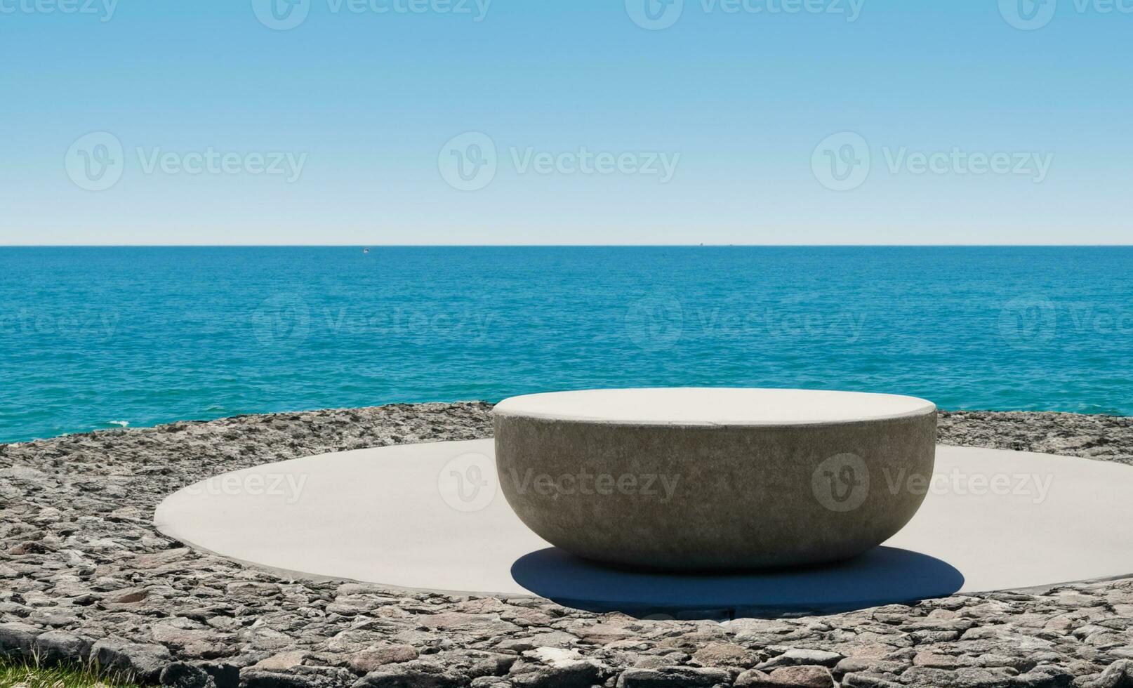 AI generated a stone bench sitting on top of a wall overlooking the ocean photo
